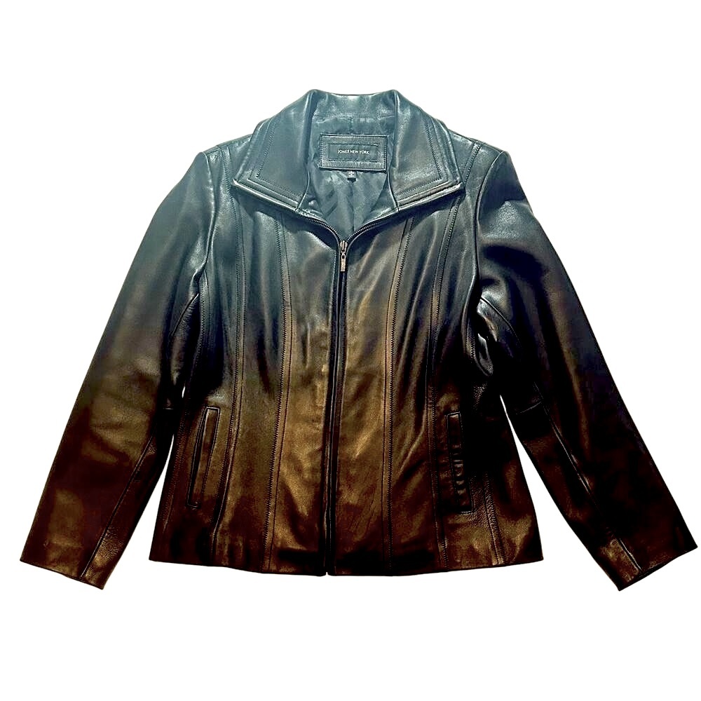 Tailored Black Genuine Leather Jacket, Jones New York, SZ L 12/14